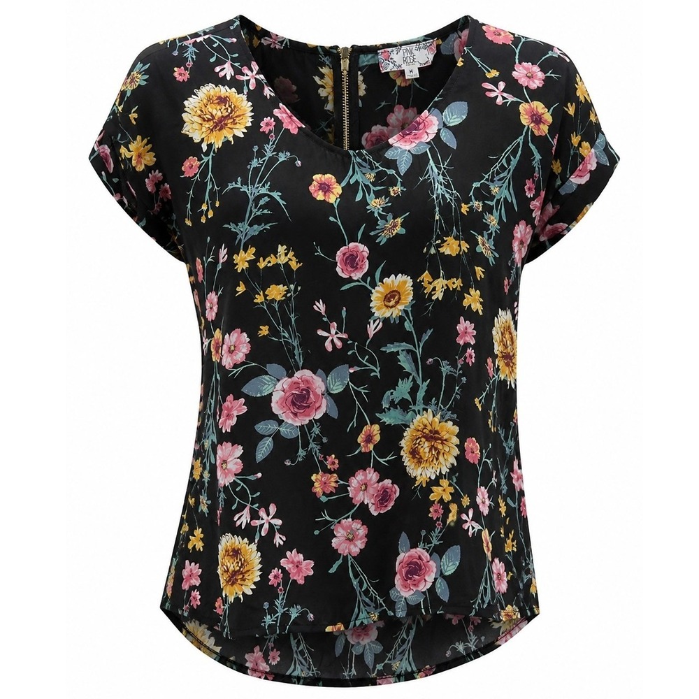 Pink Rose Vintage Womens Floral V-Neck Blouse Black Botanical Short Sleeve M